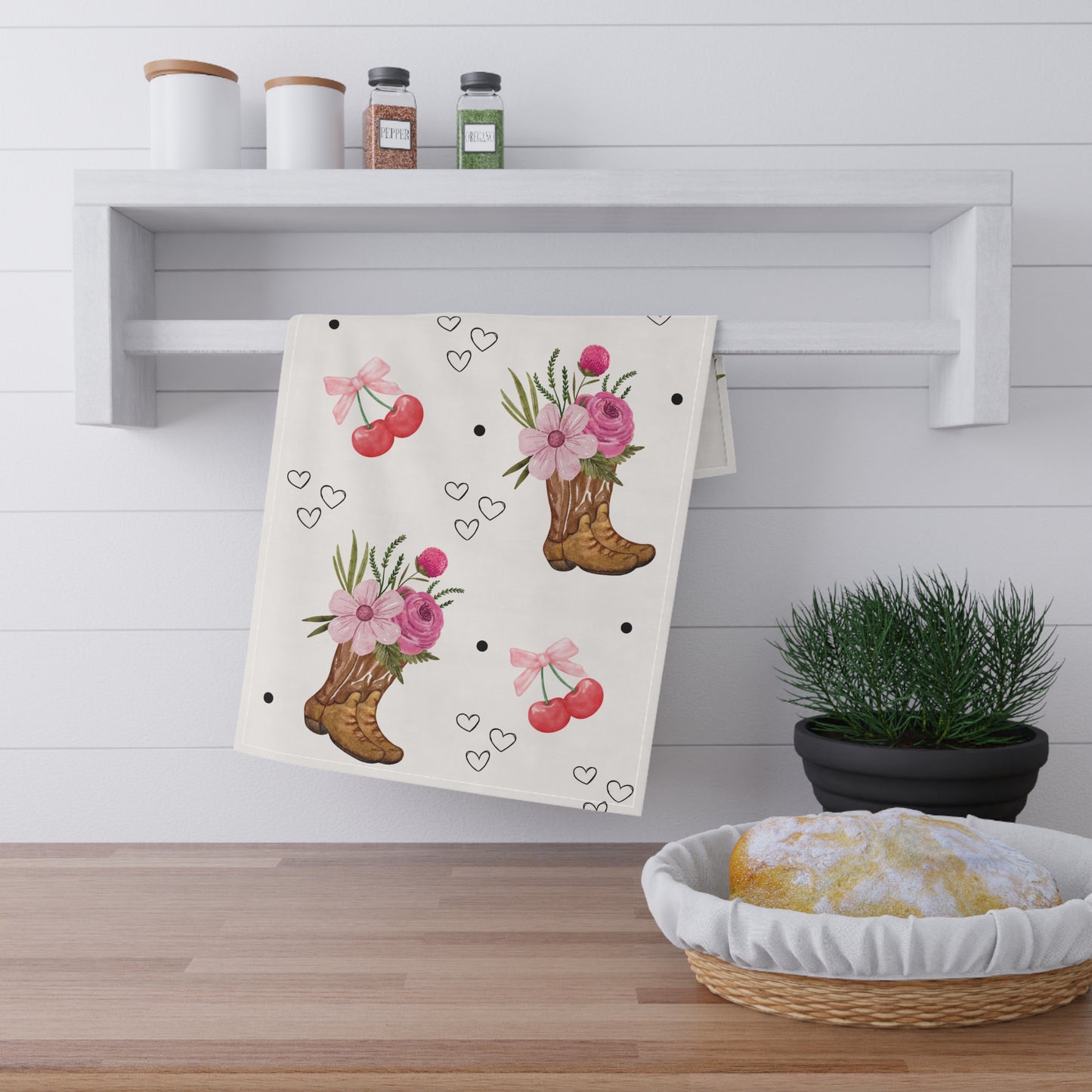 Cowgirl Cherry Floral Tea Towel Pink Western Kitchen Towel with Boots & Cherries Rodeo Aesthetic Dish Towel Rustic Country Farmhouse Decor