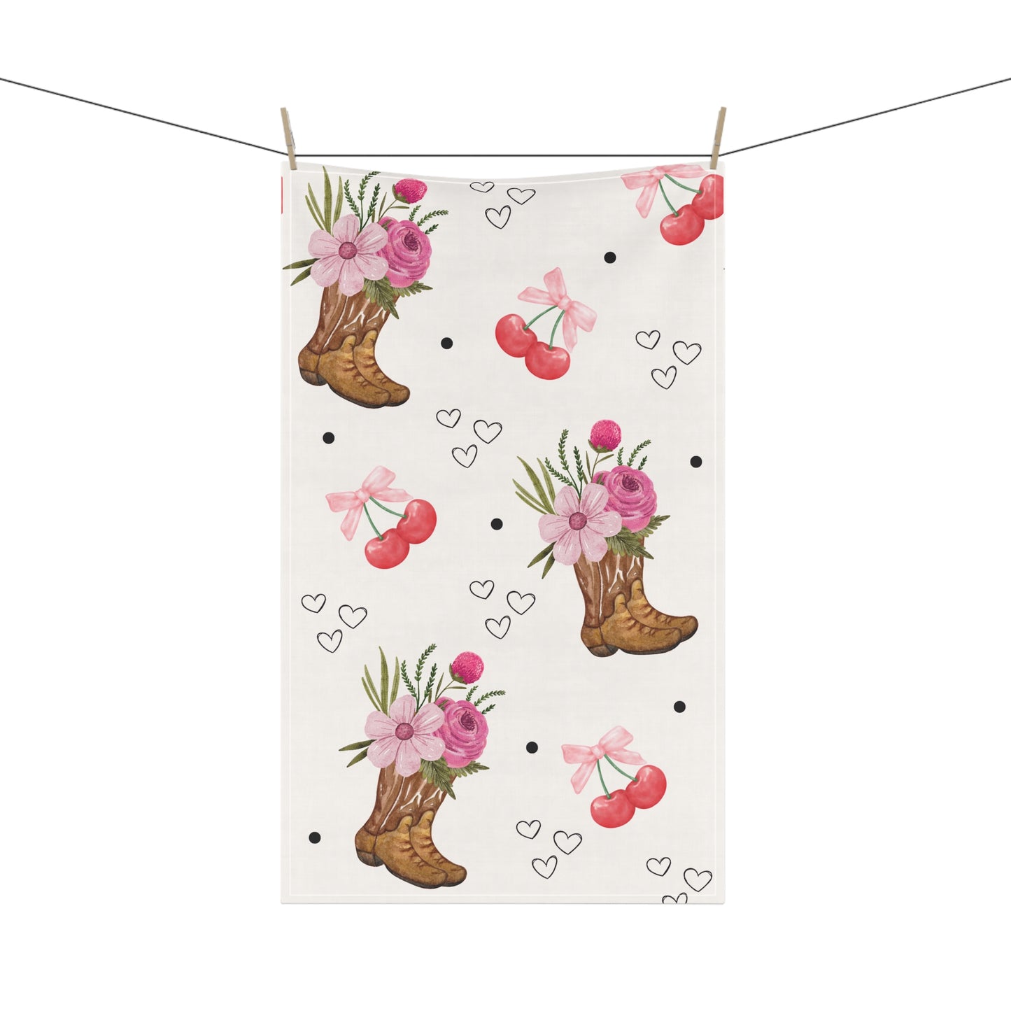 Cowgirl Cherry Floral Tea Towel Pink Western Kitchen Towel with Boots & Cherries Rodeo Aesthetic Dish Towel Rustic Country Farmhouse Decor