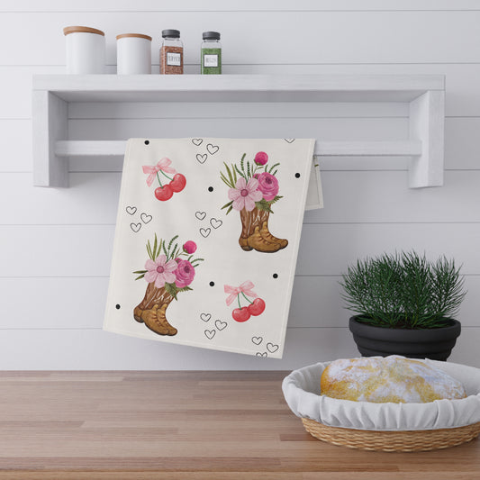 Cowgirl Cherry Floral Tea Towel Pink Western Kitchen Towel with Boots & Cherries Rodeo Aesthetic Dish Towel Rustic Country Farmhouse Decor
