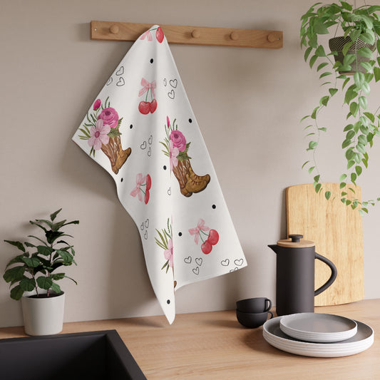 Cowgirl Cherry Floral Tea Towel Pink Western Kitchen Towel with Boots & Cherries Rodeo Aesthetic Dish Towel Rustic Country Farmhouse Decor