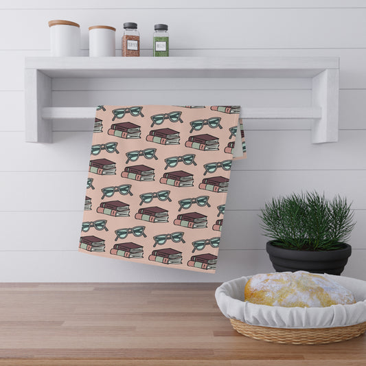 Book Lover Pink Tea Towel Glasses, Books & Coffee Pattern Cozy Reader Kitchen Towel Literary Aesthetic Decor
