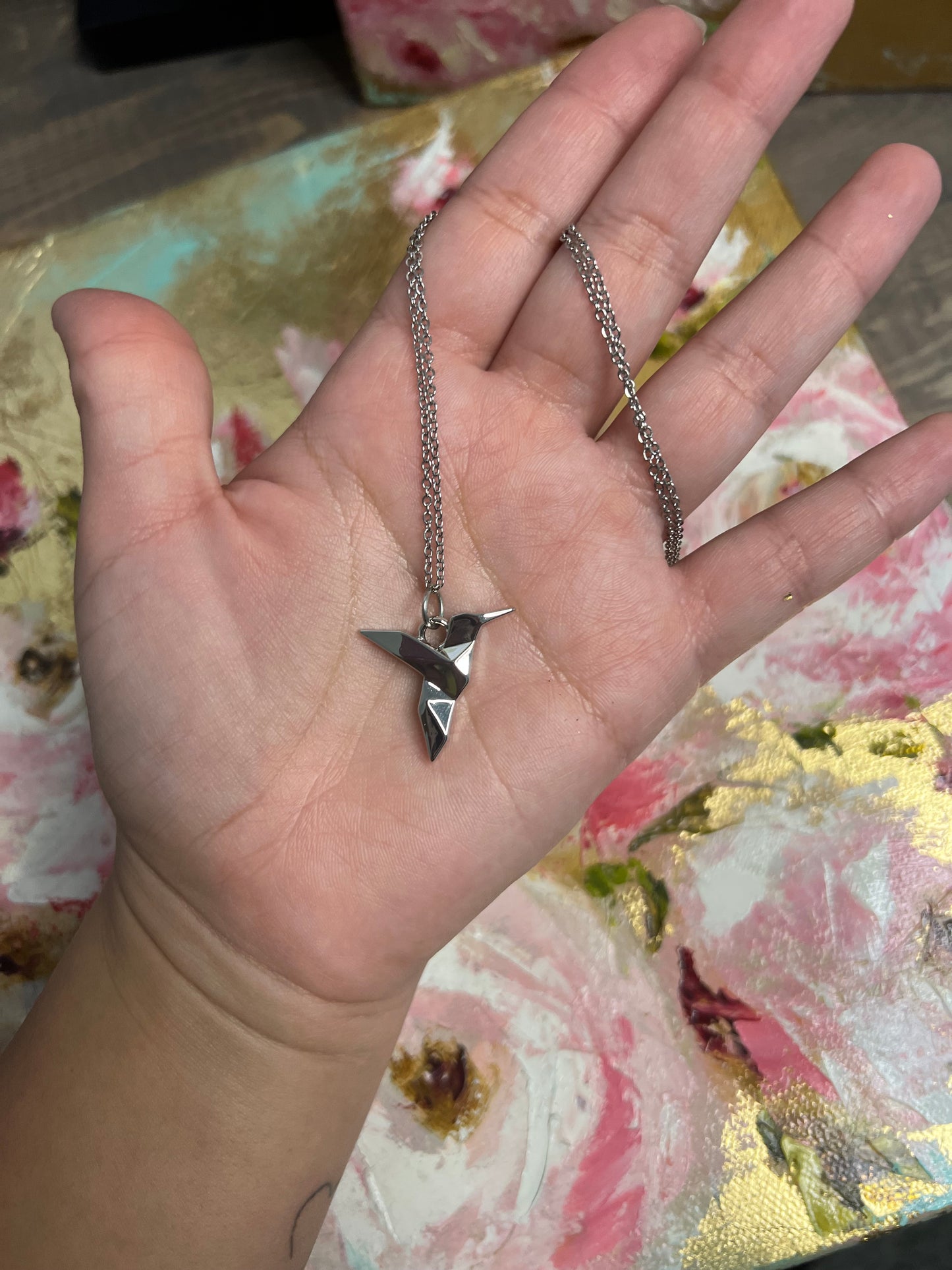 Silver-Toned Origami Hummingbird Necklace