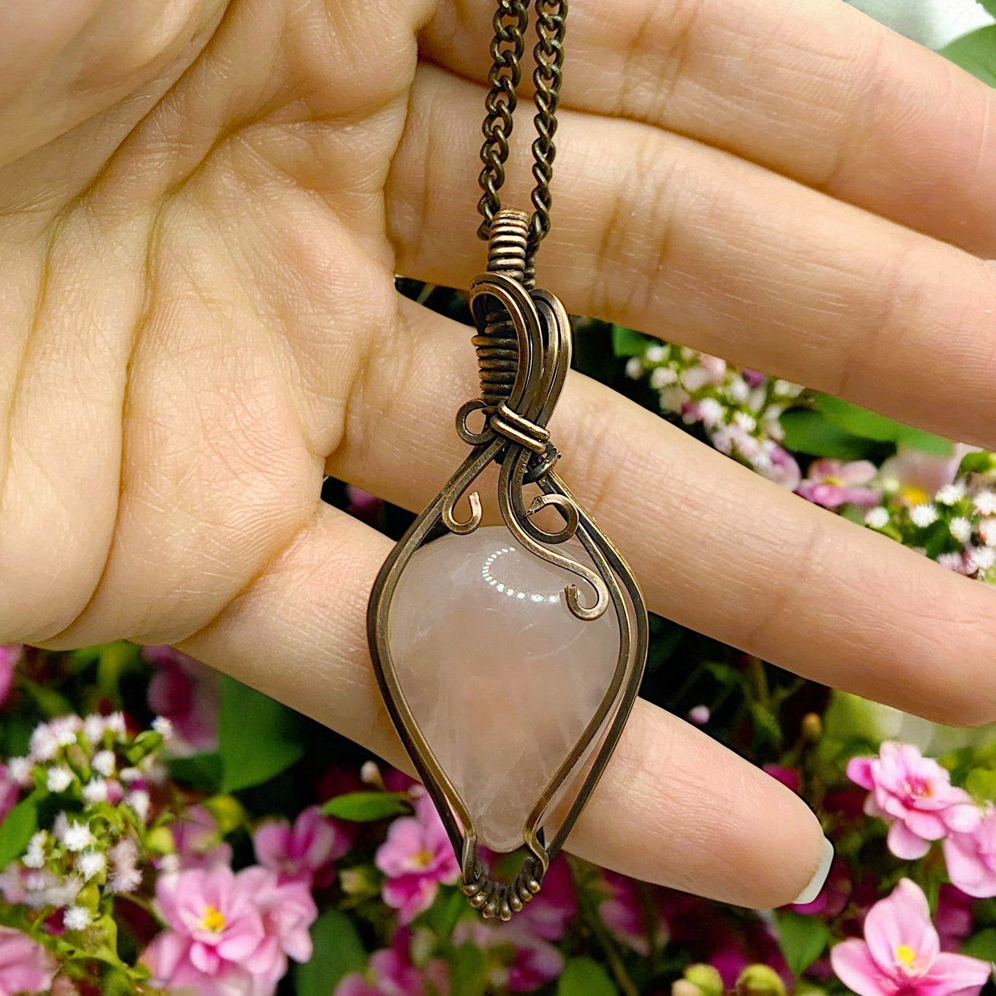 Handmade Rose Quartz Copper Wire Wrapped Necklace Unique Crystal Pendant Jewelry for Love and Healing Gift for Her