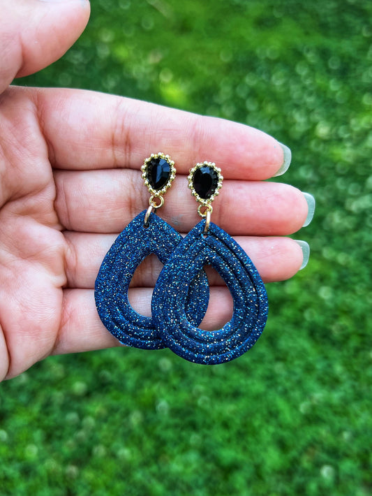 Navy Glitter Tear Drop Earrings Polymer Clay