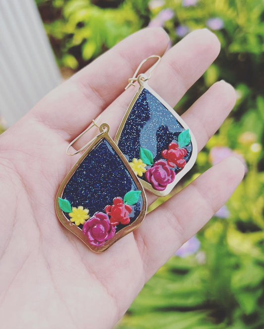 Navy Floral Polymer Clay Earrings With Glitter