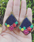 Navy Floral Polymer Clay Earrings With Glitter