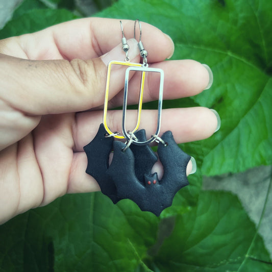 Handmade Polymer Clay Halloween Bat Earrings in Silver