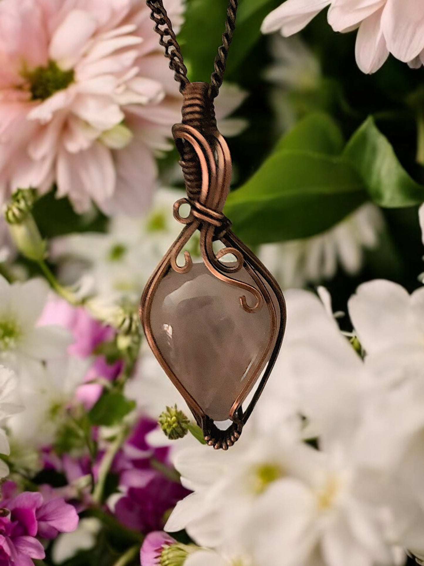 Handmade Rose Quartz Copper Wire Wrapped Necklace Unique Crystal Pendant Jewelry for Love and Healing Gift for Her