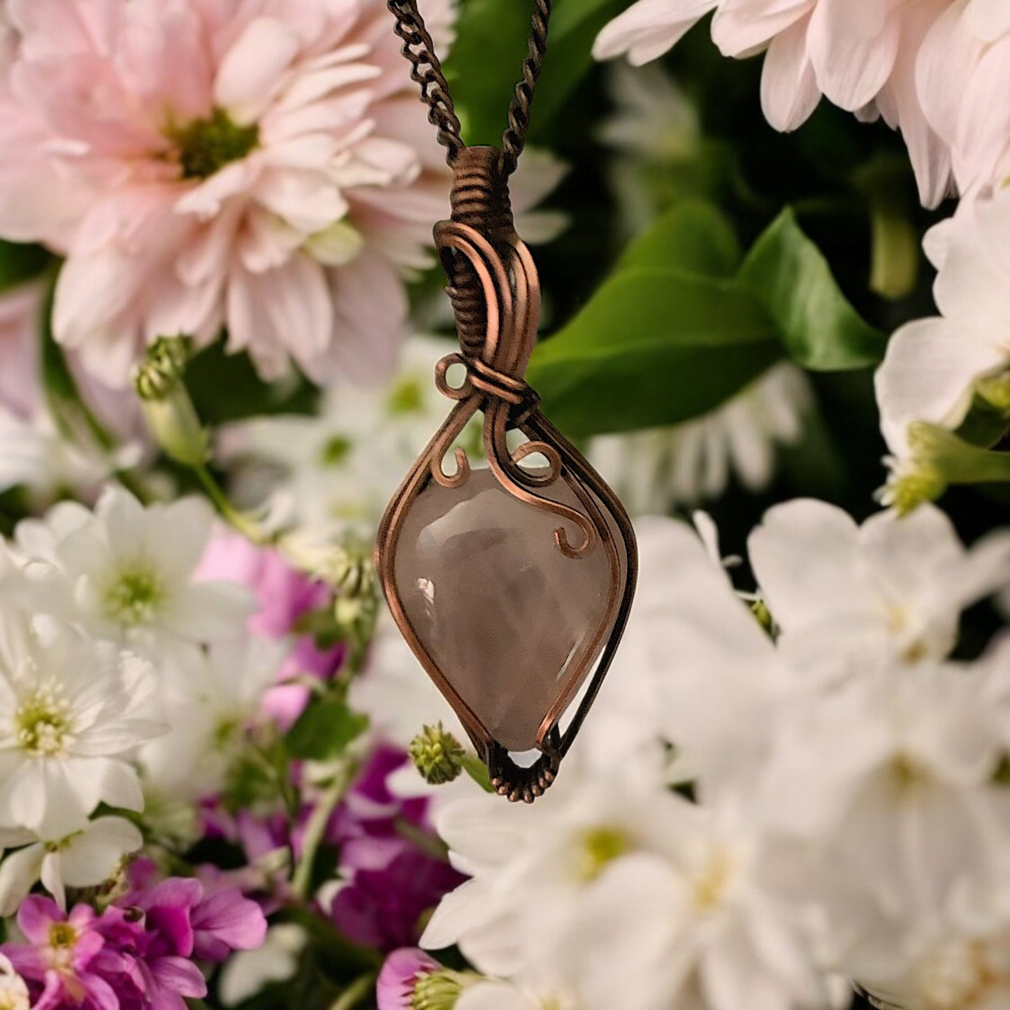 Handmade Rose Quartz Copper Wire Wrapped Necklace Unique Crystal Pendant Jewelry for Love and Healing Gift for Her